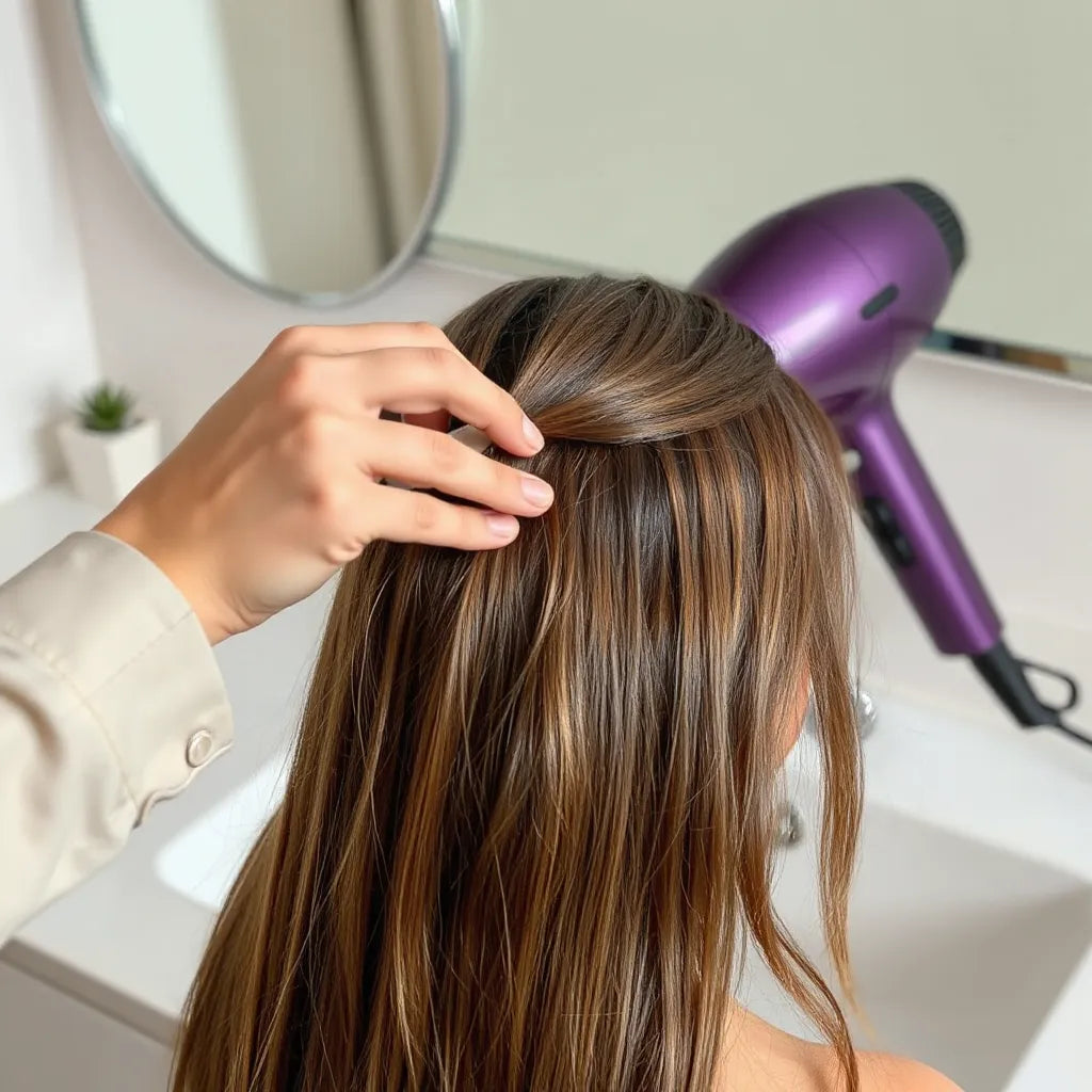 Heat protectant serum being applied to hair strands before using a hair dryer