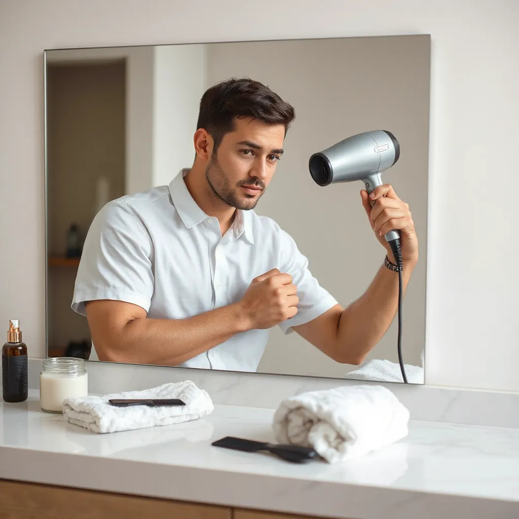 Man towel-drying and blow-drying damp hair in front of a mirror with a nozzle attachment