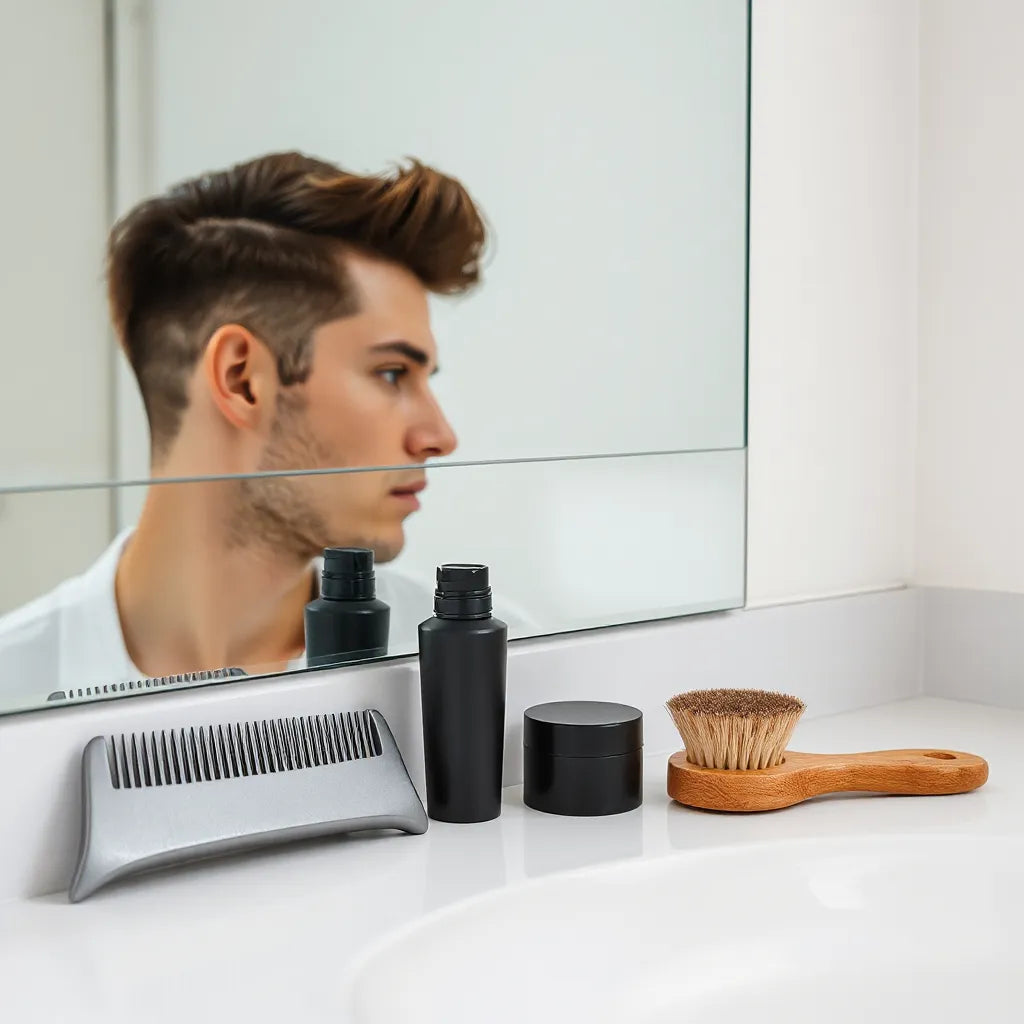 Man in a neatly styled fade haircut with comb and hair products on a bathroom counter