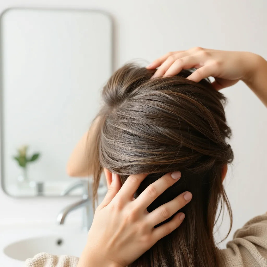 Person lifting hair at the roots to show fuller, thicker volume in natural light