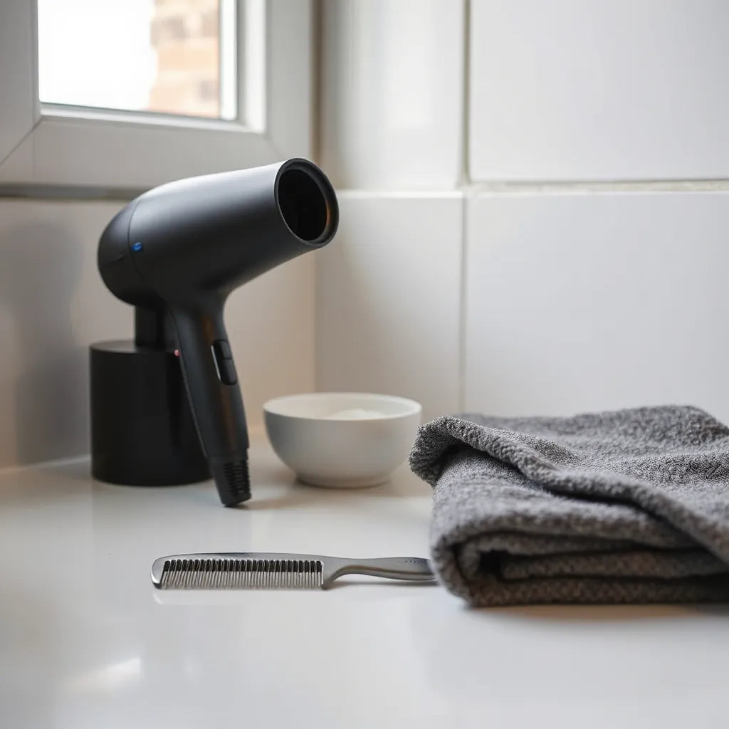 Modern men’s hair dryer on a bathroom countertop beside a comb and microfiber towel