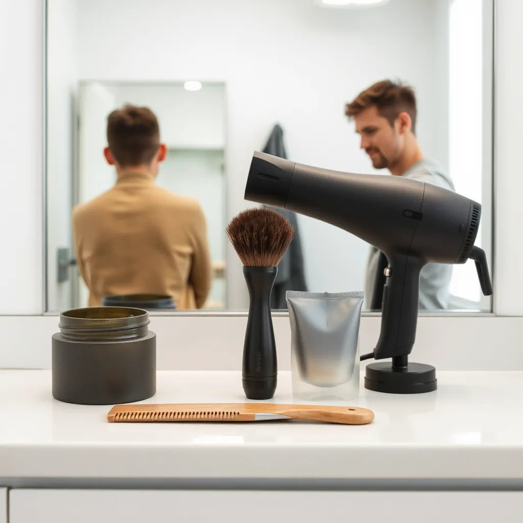 Men’s styling tools on a bathroom counter with a neatly styled short haircut in soft light