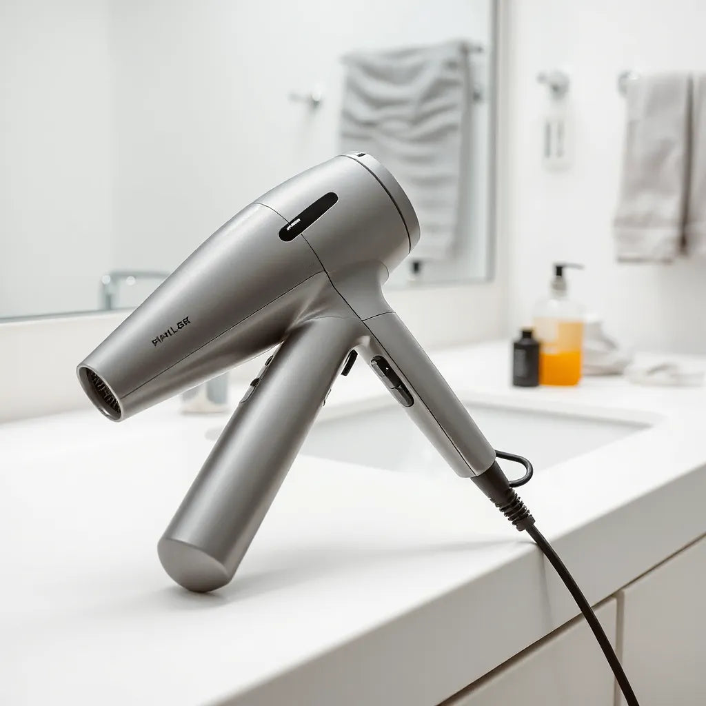 Sleek hair dryer on a clean countertop with soft steam and bathroom light reflections
