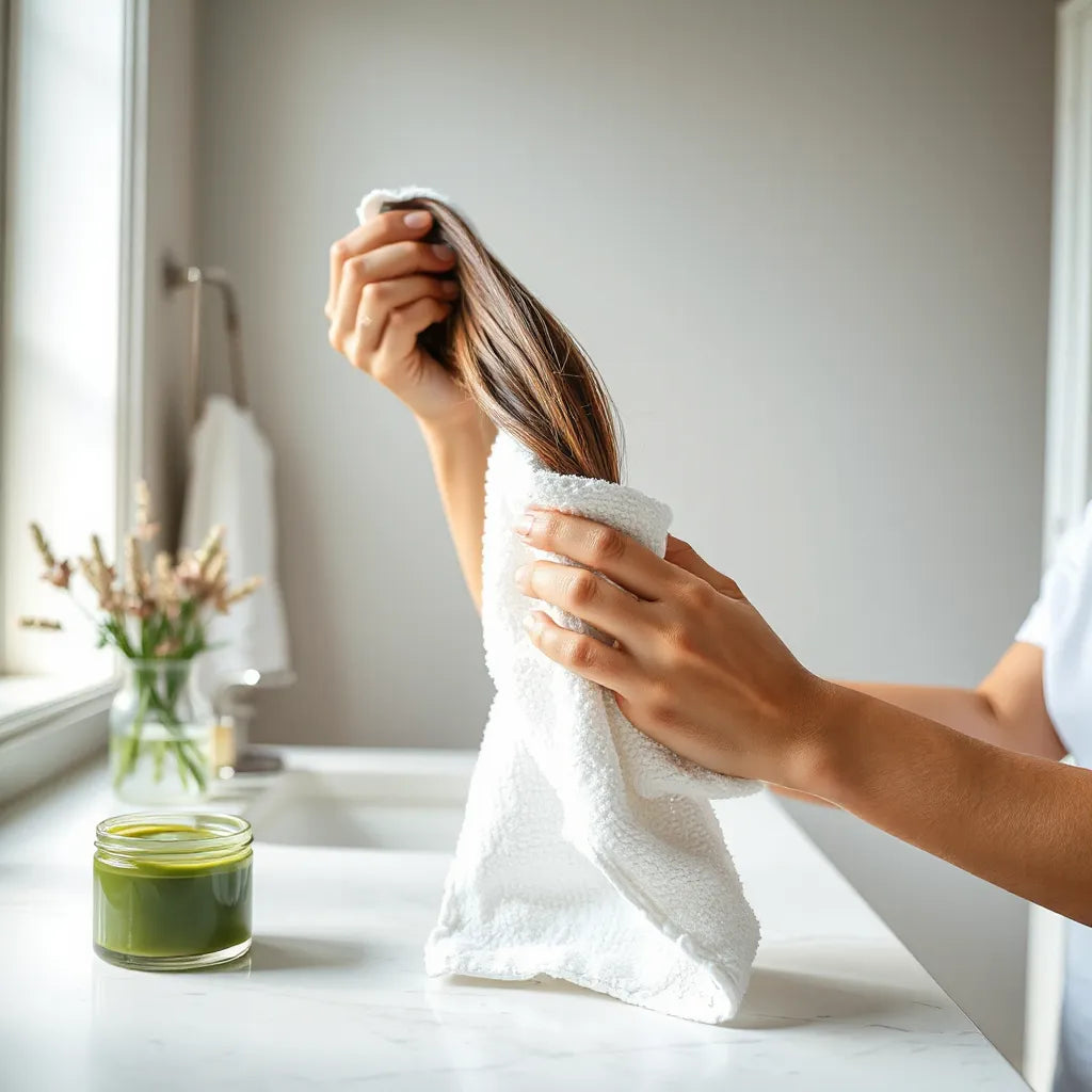 Hands gently towel-drying wet hair with soft light in a clean bathroom setting