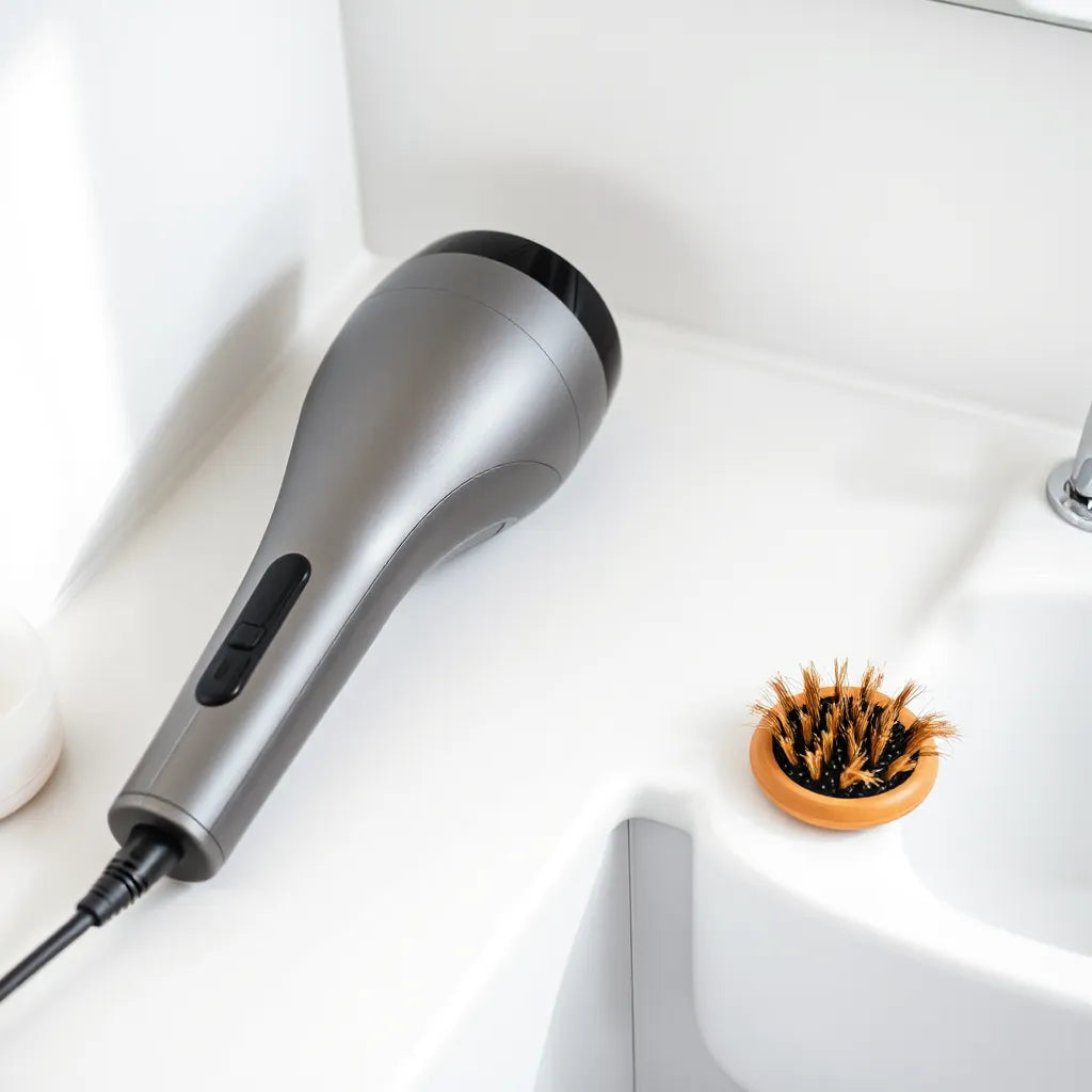 Sleek hair dryer on a clean countertop beside a brush with softly styled hair in natural light