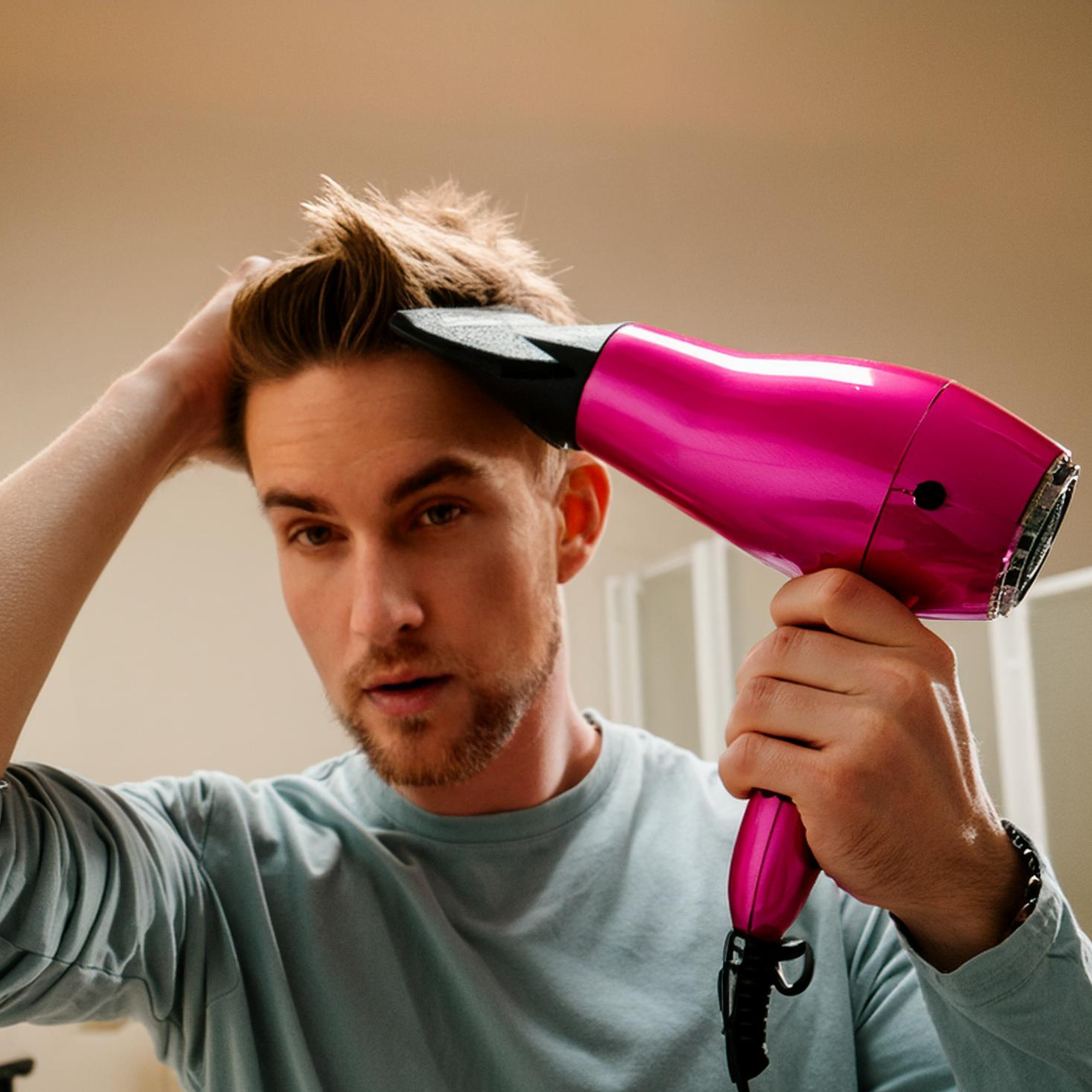 Man using a pink hair dryer.