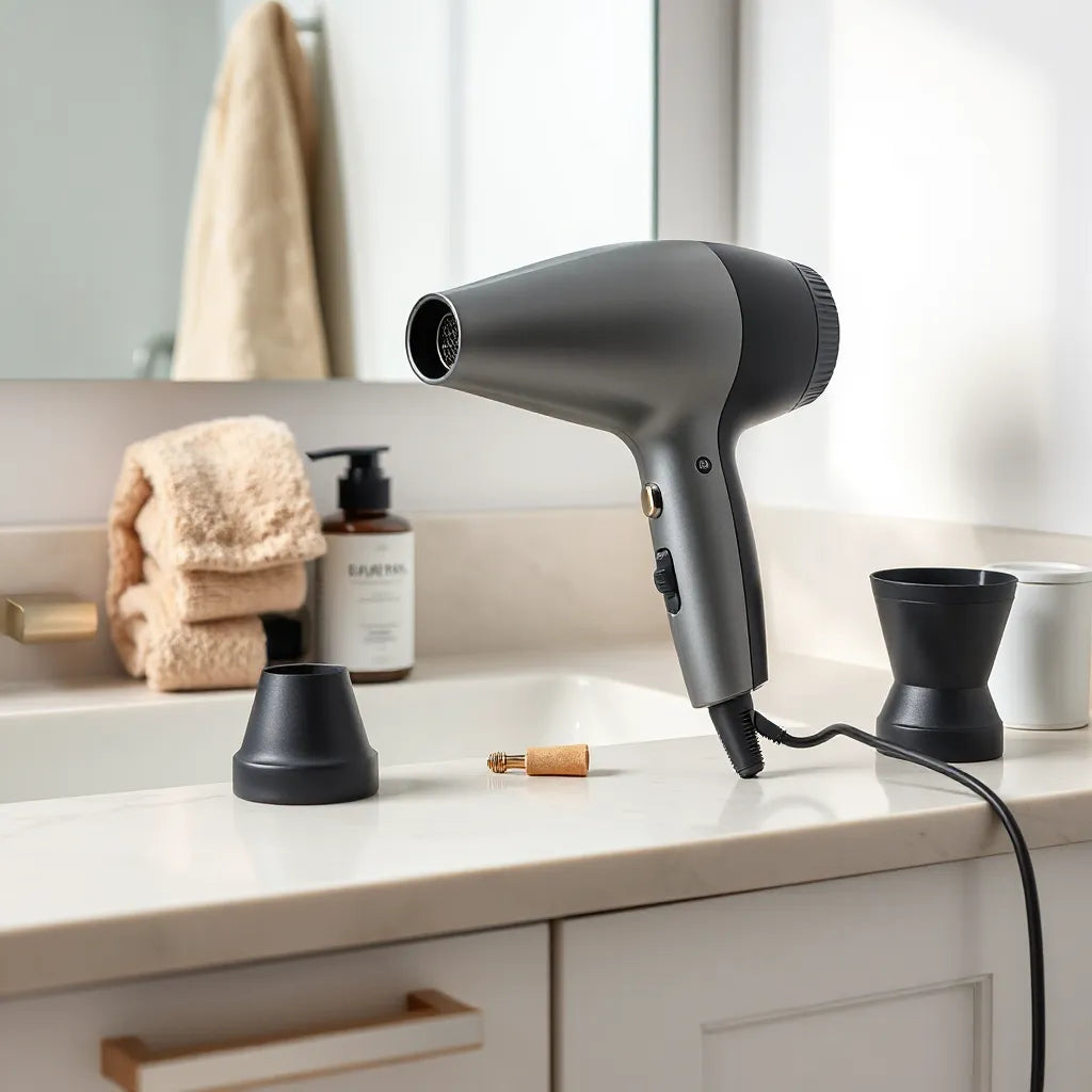 Modern men’s hair dryer with attachments on a clean bathroom counter