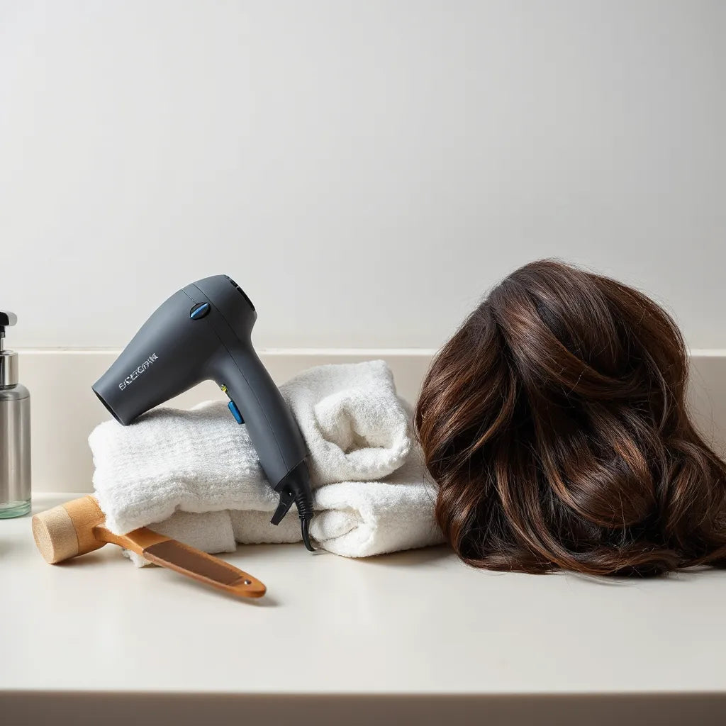 Modern hair dryer with nozzle beside comb and thick hair drying towel on a clean counter