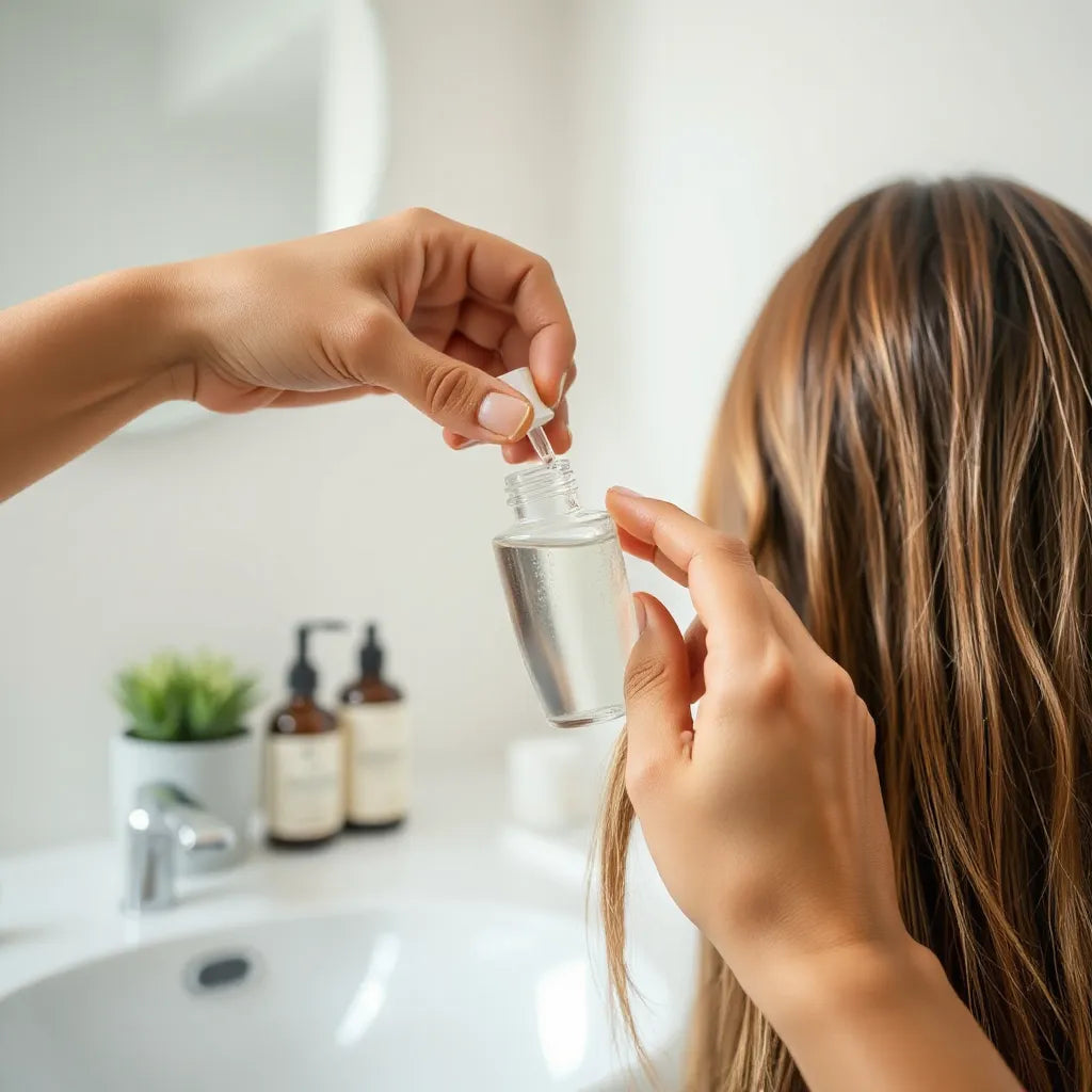 Hand applying heat protectant serum to hair strands with a hair dryer softly blurred in the background