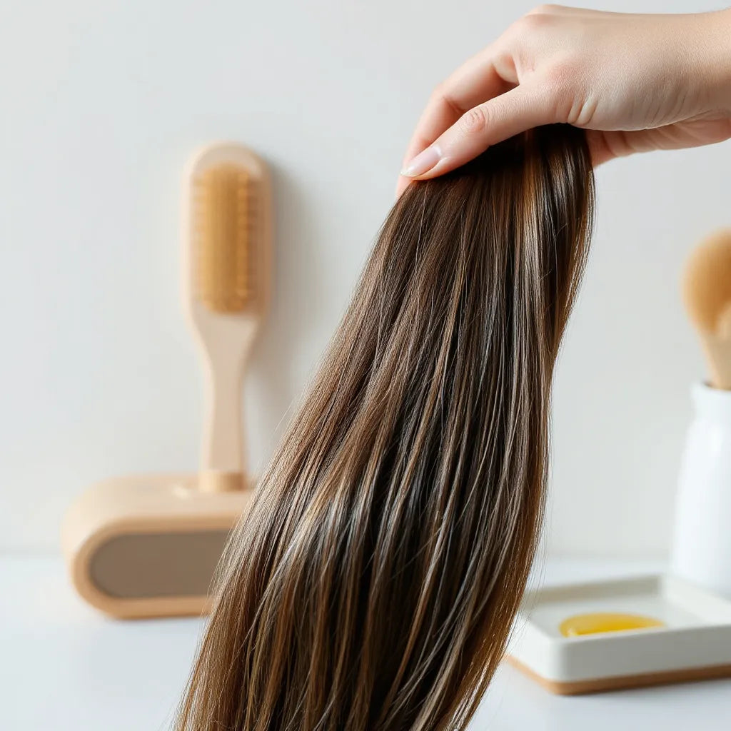 Healthy glossy hair strands being gently smoothed with a hand in soft natural light