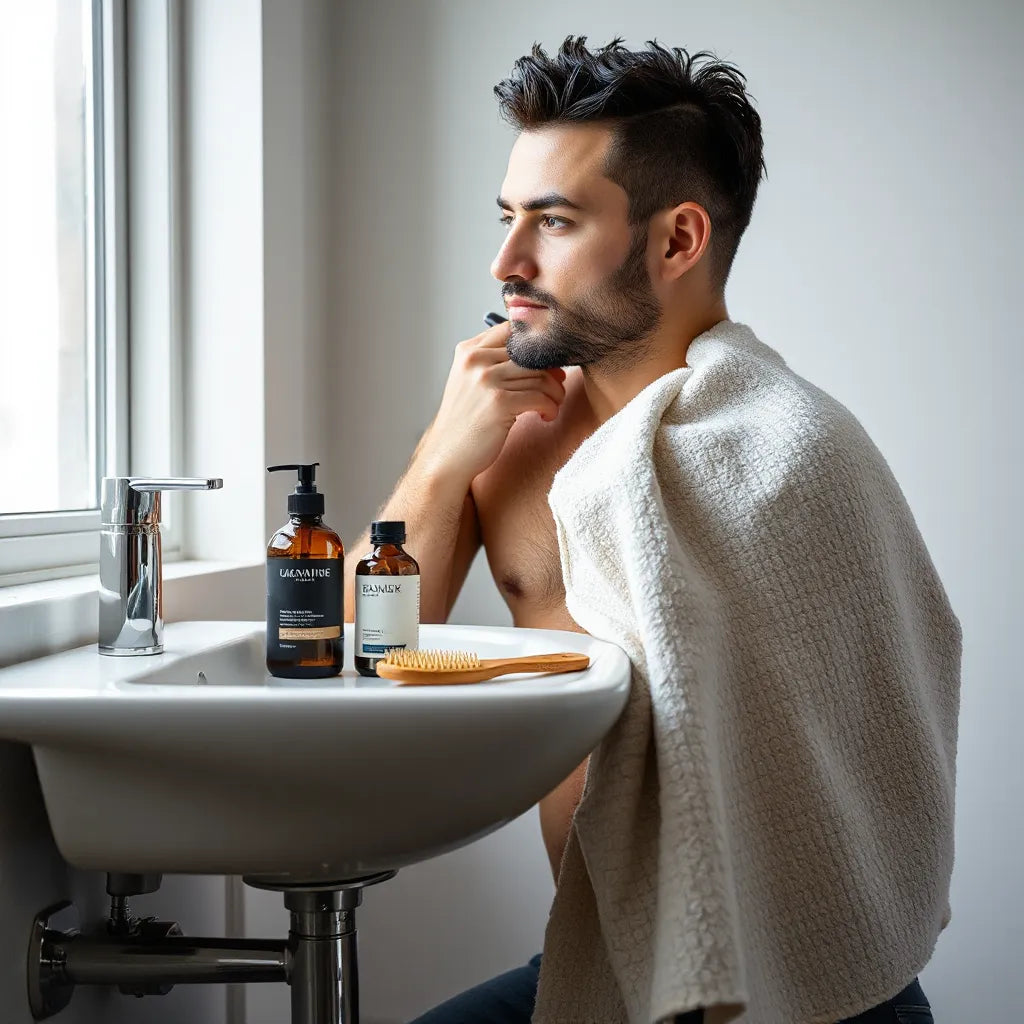 Man grooming with shampoo, conditioner, comb, and towel in a clean bathroom setting